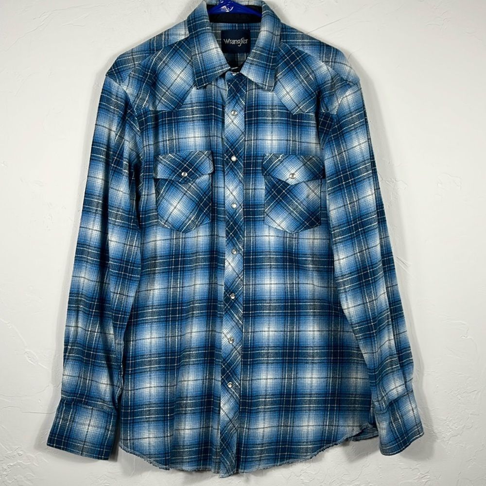 🔥 Vintage WRANGLER Thick Plaid Flannel PEARL SNAP LS Western Cowboy Shirt Sz Lg